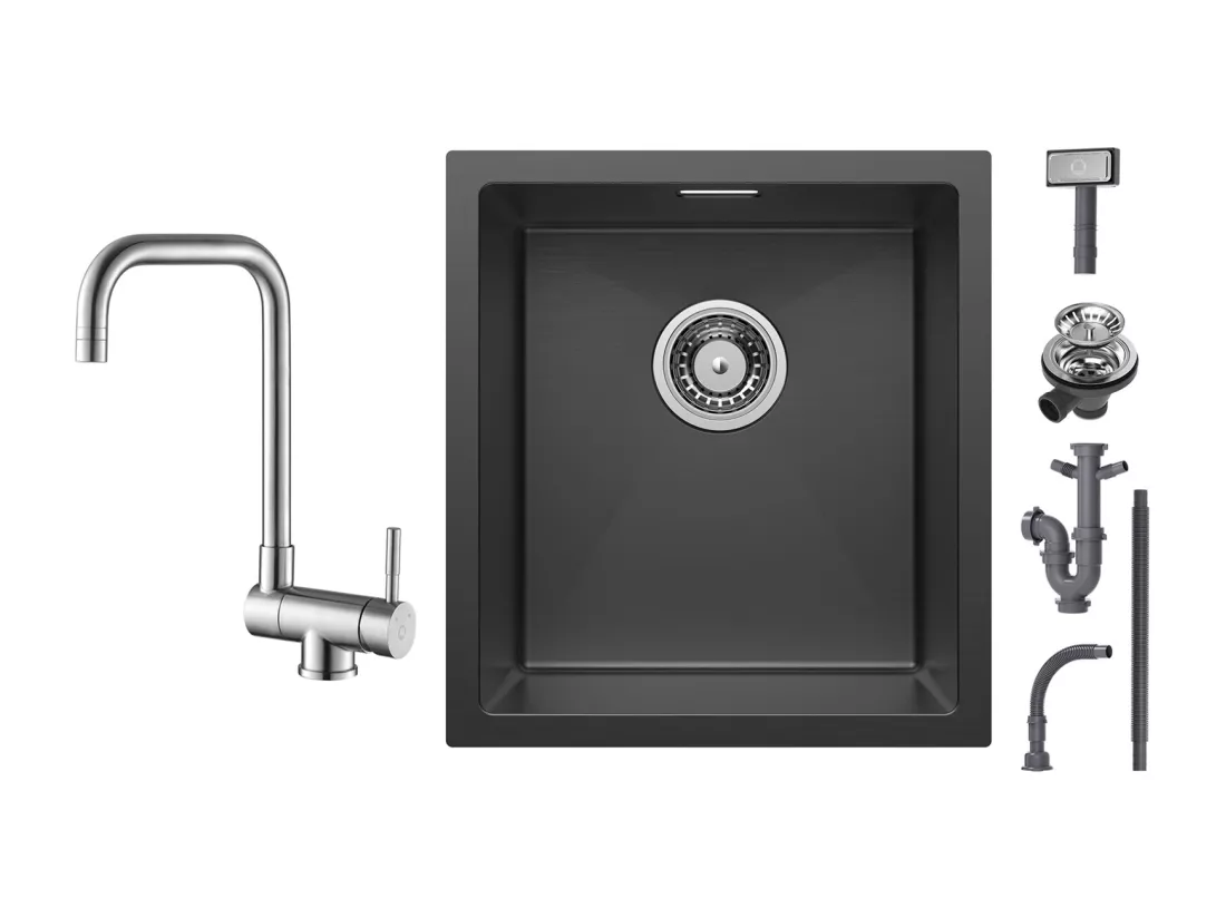 Cecipa max Évier Inox Encastré 40*44 cm - Évier de Cuisine 1 Bac Noir + Robinet Rabattable Mitigeur de Evier Repliable en Inox devant Fenêtre Brossé