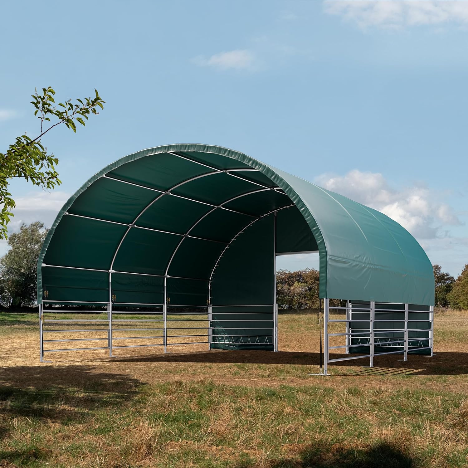 Weidezelt 6x6 m PVC Plane 2300 Newton Unterstand für Pferde Offenstall Weidehütte - für Erduntergrund - vorn offen - grün