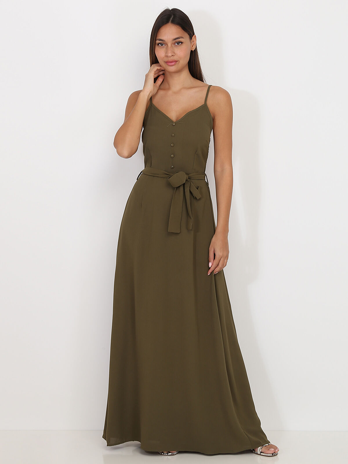 Robe longue à boutons et ceinture- Kaki