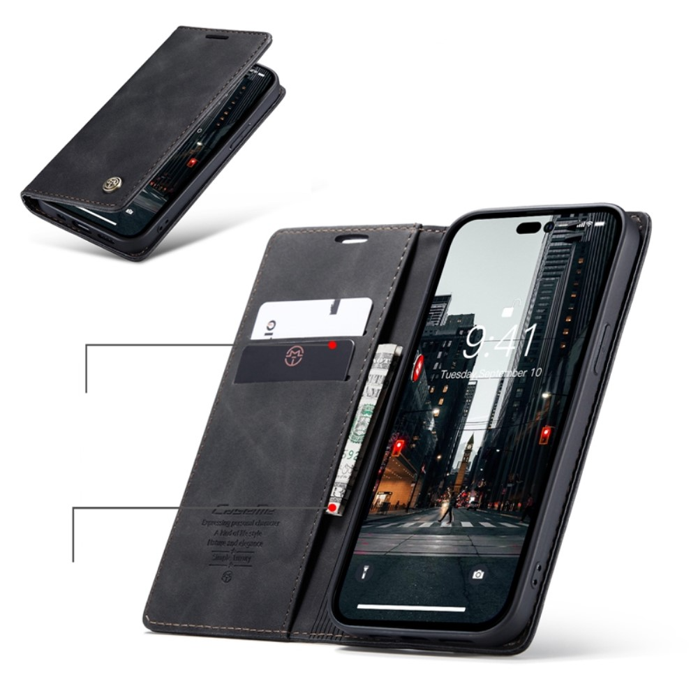 iPhone 14 Pro Leder Tasche Flip Wallet Etui mit Kartenfächern - Schwarz