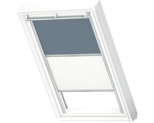VELUX Advantage Set: Verduisterend rolgordijn, effen blauwgrijs, en plisségordijn, wit, handmatig, aluminium frame, DFD C02 4581S