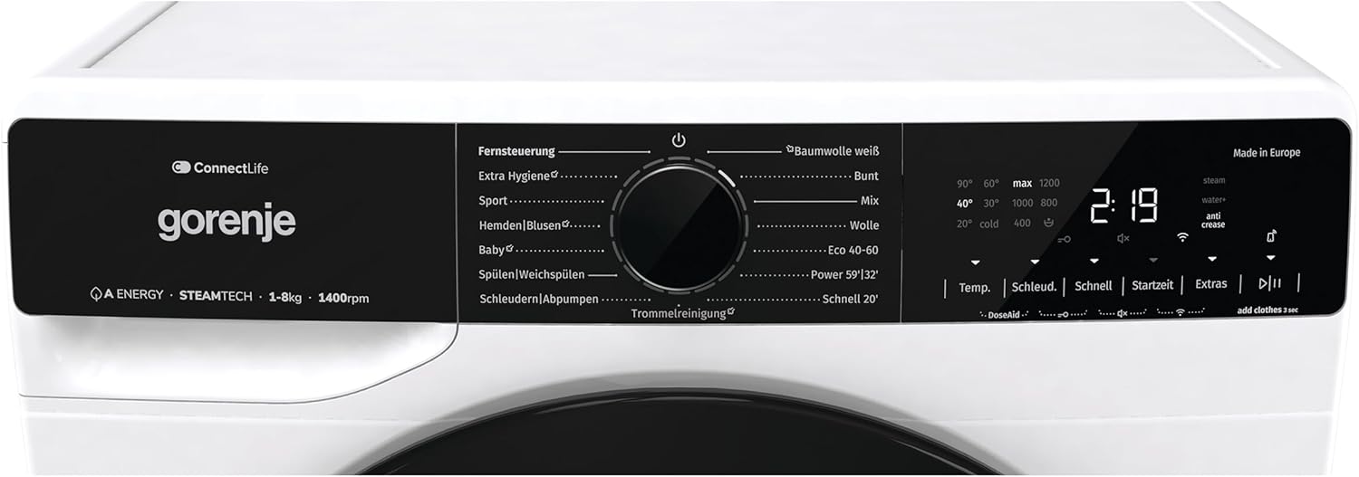 Gorenje WPNA84A2TS Waschmaschine mit Dampffunktion/ConnectLife / 8Kg / 1400 U/min / 15 Programme/Totaler AquaStop/Wave Active Trommel/ExtraHygiene/PowerWash/Schnell Waschgang/EEK: A-20%