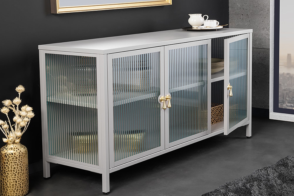 riess-ambiente Sideboard AMSTERDAM - 105cm greige gold Riffelglas Metall Vitrine Schrank Modern