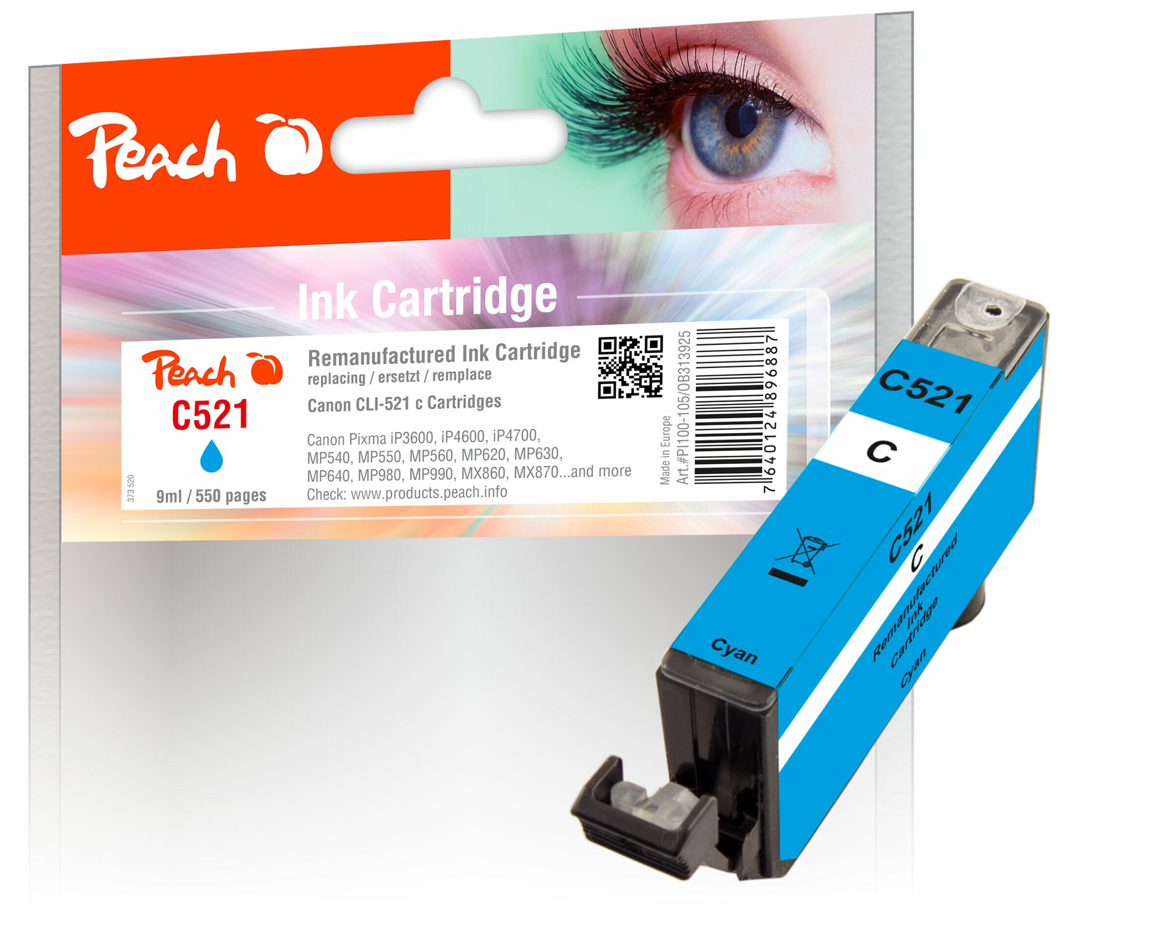 Peach C521 C Druckerpatrone XL cy ersetzt Canon CLI-521C, 2934B001 für z.B. Canon Pixma IP 3600, Canon Pixma IP 4600, Canon Pixma IP 4600 X (wiederaufbereitet)