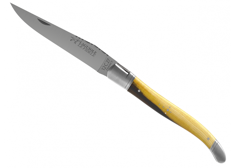 Couteau Laguiole avec un manche en bois de pistachier et 2 mitres en acier inoxydable