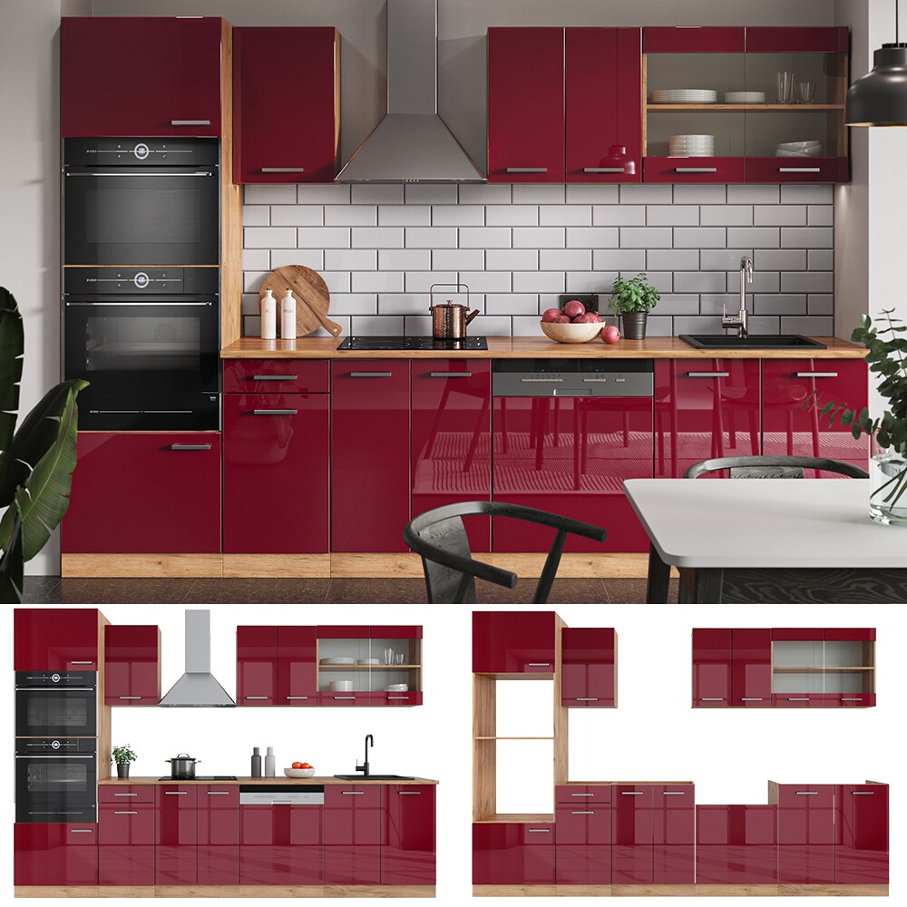 Vicco Küchenzeile Küchenblock Einbauküche R-Line 300cm Mikrowellenumbauschrank Bordeaux