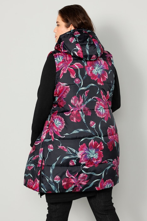 Long-Steppweste, Kapuze, Alloverdruck, Zipper