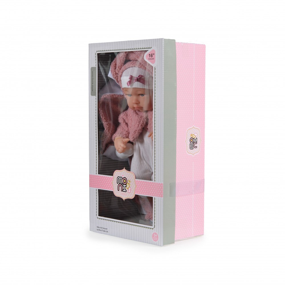 Moni Kinderpuppe 41 cm 9300, Jäckchen, Trinkflasche, Kuscheldecke, ab 3 Jahren rosa
