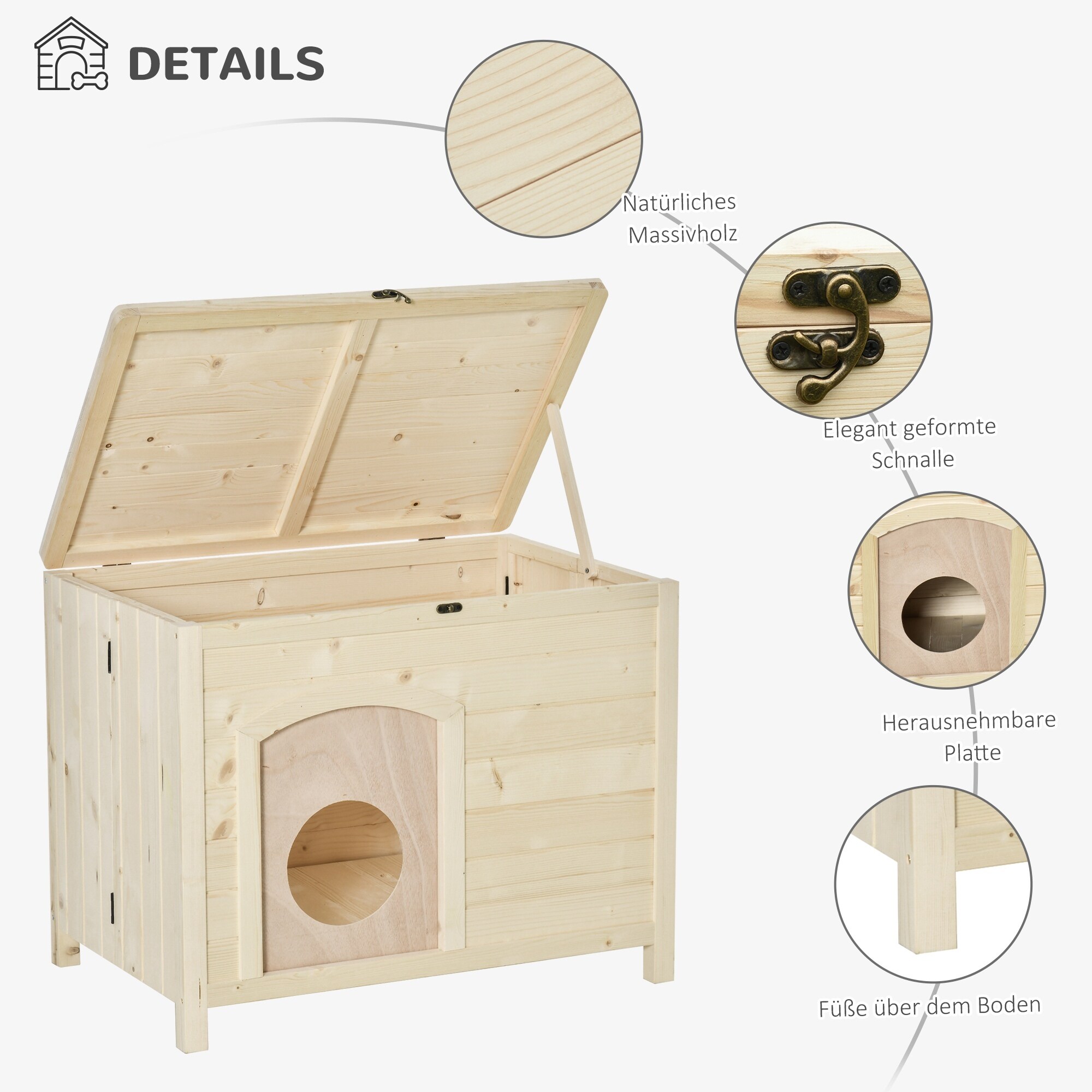 PawHut Tierhaus Faltbares Design, Natürliches Holz Natur 78 x 51 x 62 cm (LxBxH)