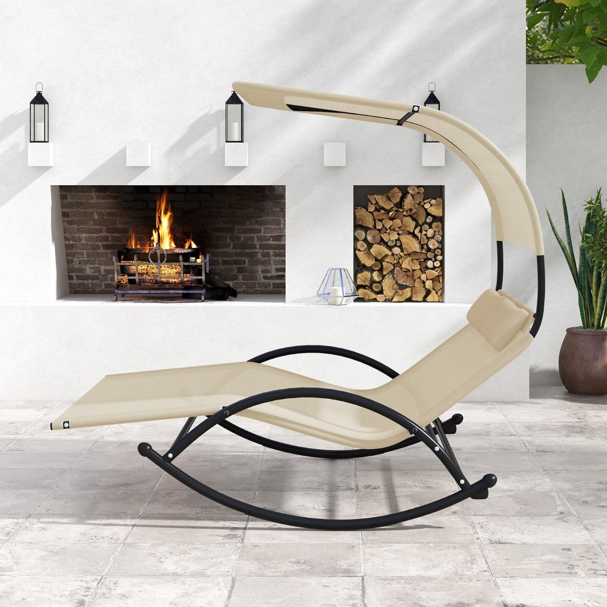 Chaise Longue Double Chaise à Bascule pour 2 Personnes 2 Appui-Têtes Amovibles Cadre en Métal Robuste Lit de Repos Ergonomique 2 Places Gris/Noir/Beige - Lidl-Manfred