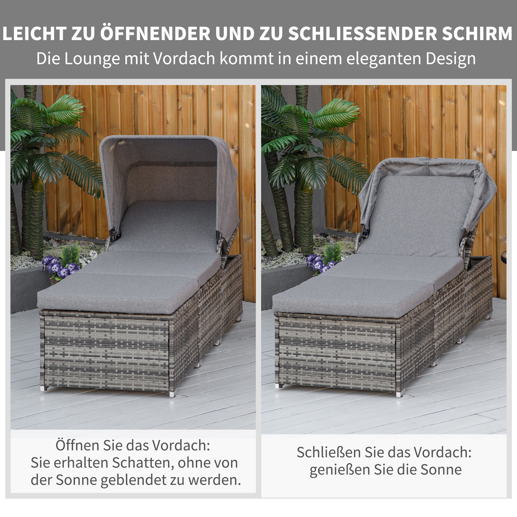 Outsunny Rattan Liege mit Sonnendach grau 195L x 65B x 40H cm