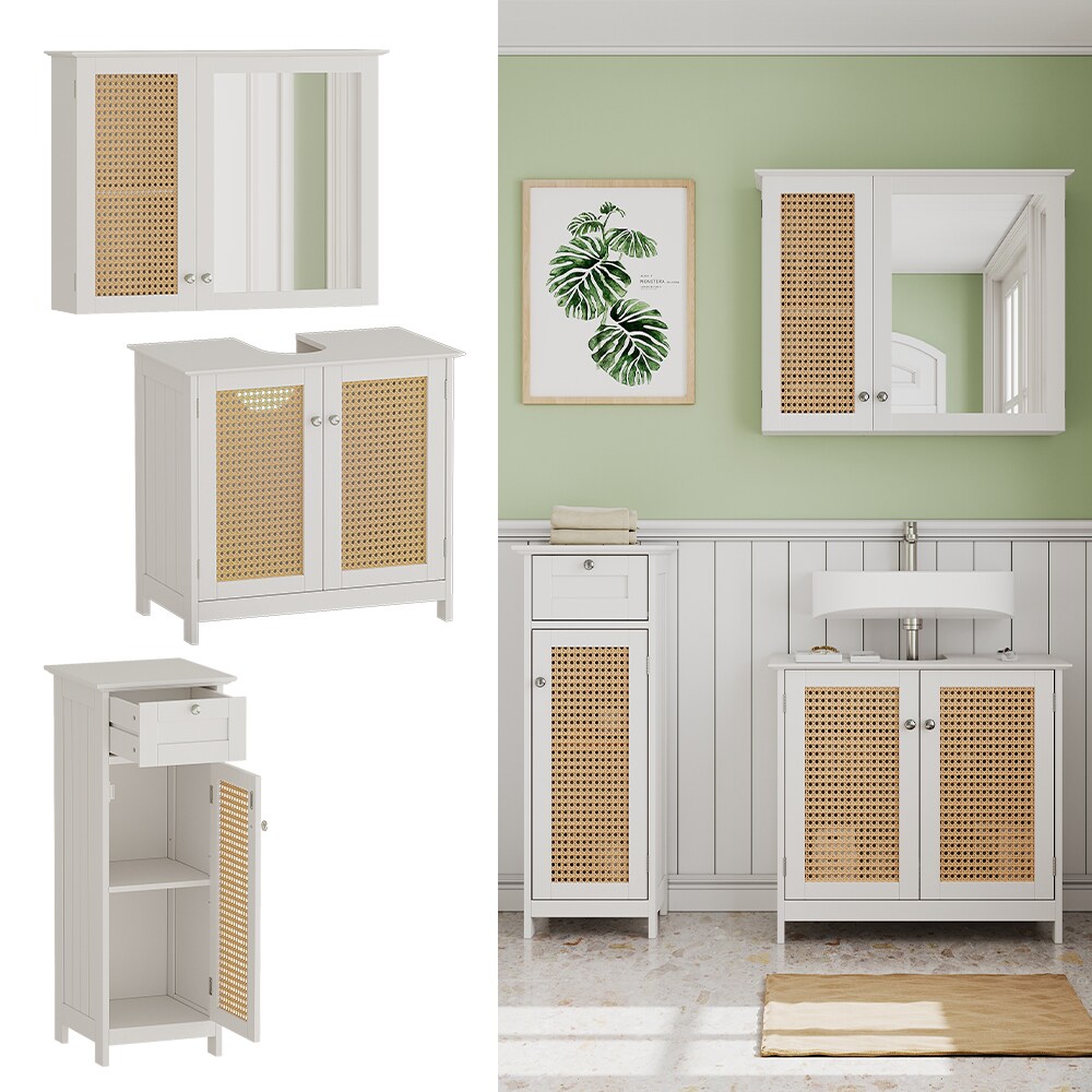 Vicco Badmöbel-Set Rosario, Weiß, moderne Serie, Badezimmer, dekorative Front, Spiegelschrank, Waschtischunterschrank, Midischrank