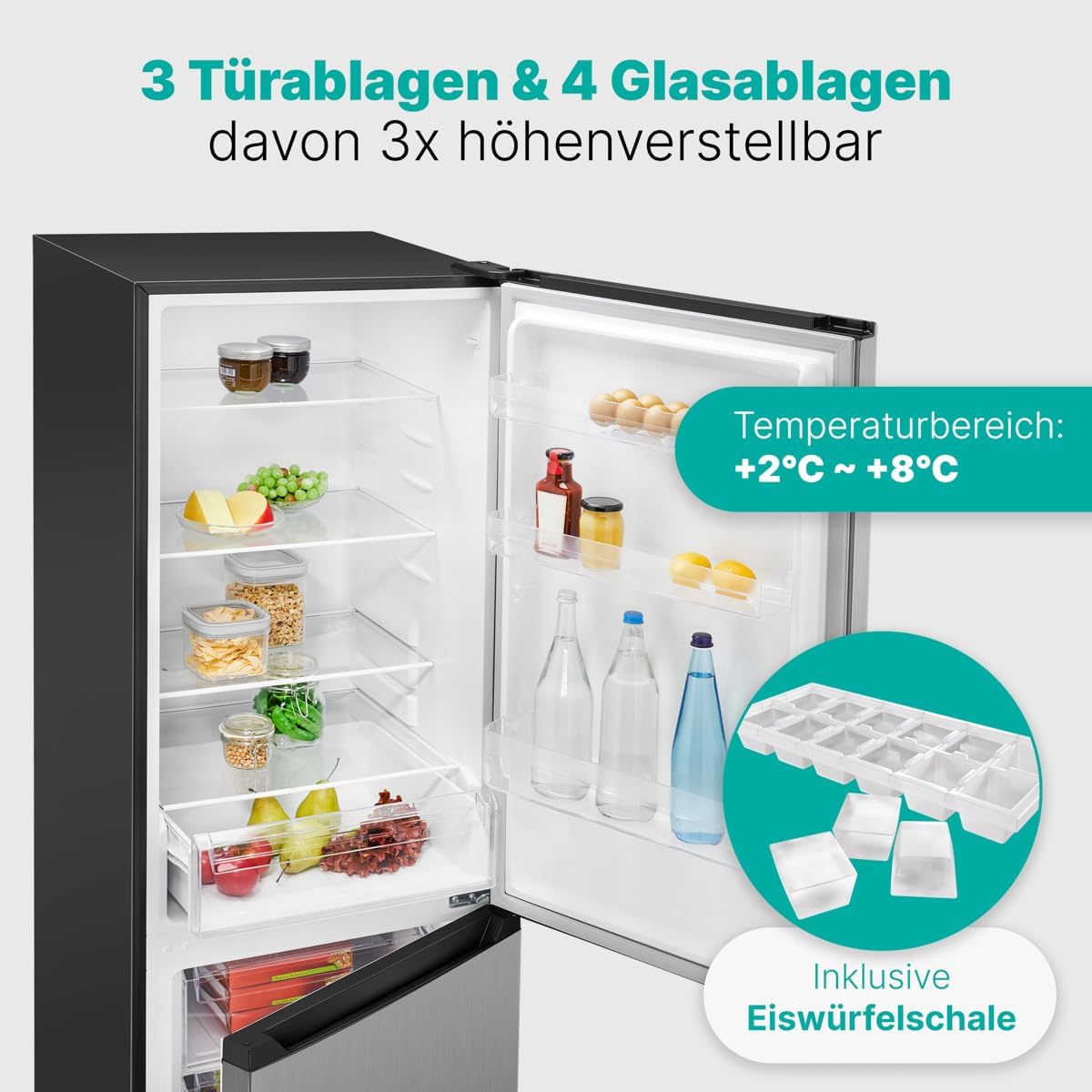Bomann® XXL Kühlschrank mit Gefrierfach 186cm | 60cm breit | Kühlschrank mit Gefrierfach freistehend | Kühlgefrierkombi 4 Ablagen | Türanschlag wechselbar | 40db | Refrigerator KG 7357 inox