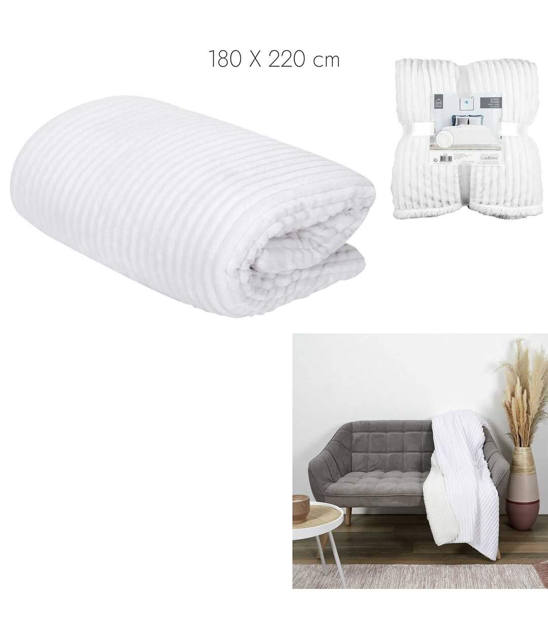 Plaid flanelle côtelé - 180x220cm - Ecru