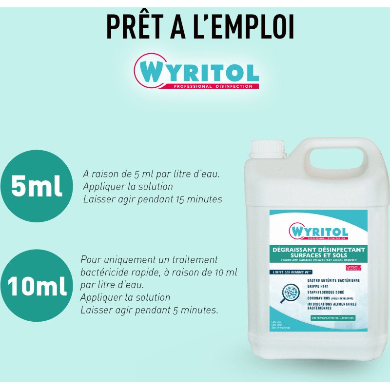 Dégraissant désinfectant surfaces et sols Wyritol Professional Desinfection - Bidon 5 L