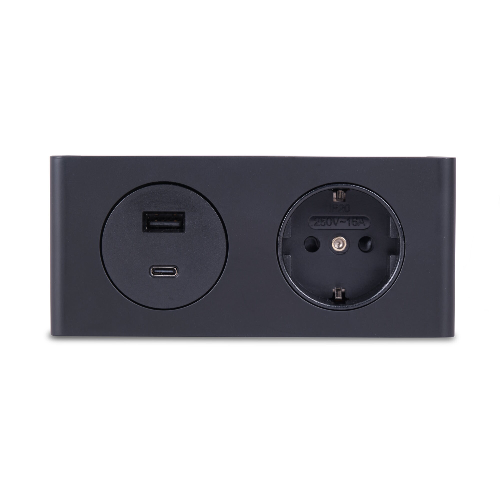 kalb | 2-fach Steckdosenleiste zur Montage, 1x 230V und 2x USB Steckdosen, 140x46x62.5 mm, Anschlusskabel mit Stecker, schwarz