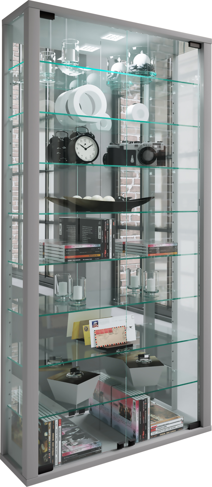 Wandvitrine VITROSA MAXI - silber - mit Rückwandspiegel und Beleuchtung - 59 cm