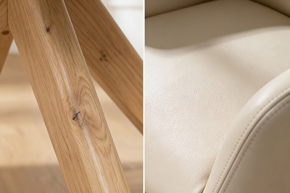 Drehbarer Stuhl ALMARA beige sand Echtleder 360° Taschenfederkern natur Eiche Massivholz