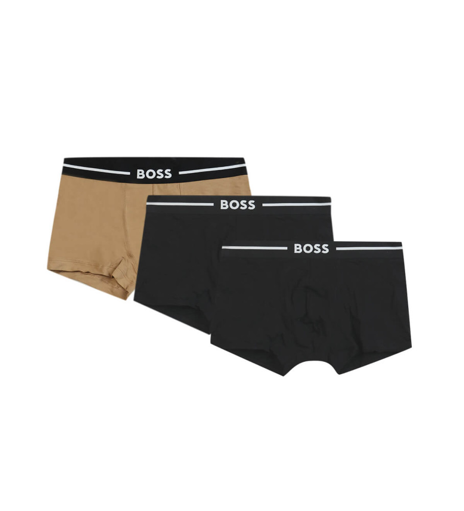 Conjunto de 3 cuecas boxer BOSS Bold, pretas e marrons.