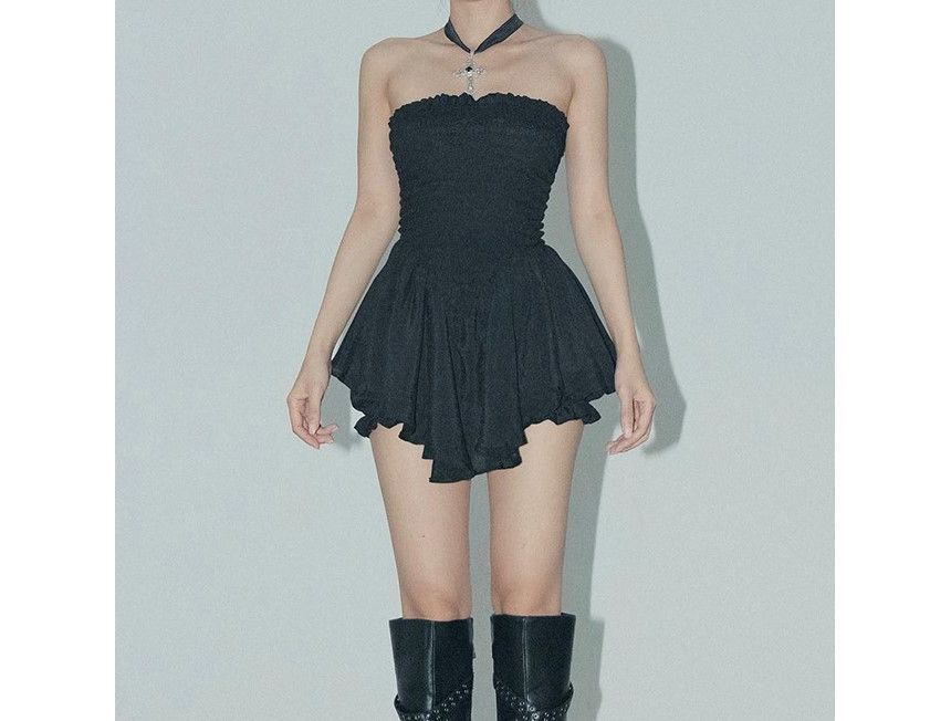 HERMITAKH - Strapless romper met smokwerk en effen kleur
