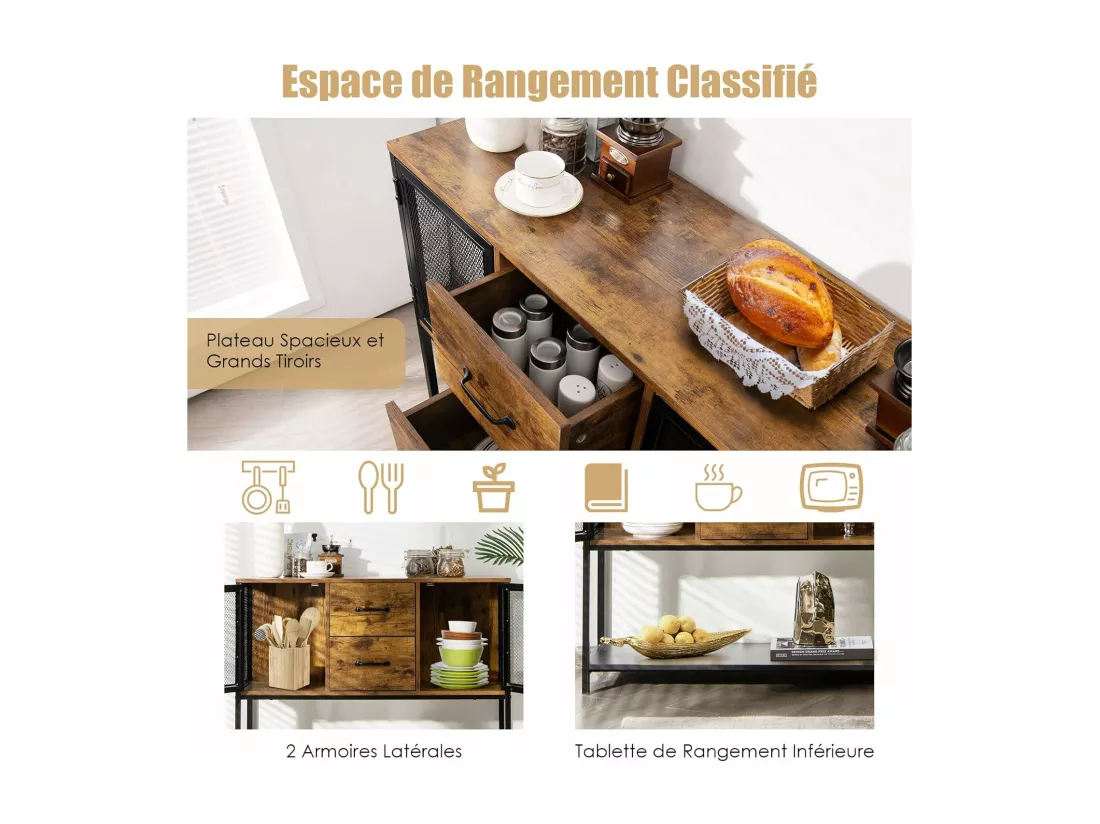 Buffet Salle à Manger, Buffet Salon Industriel avec 2 Placards, 2 Tiroirs, 2 Portes en Maille Fer, Meuble Cuisine Rangement, Marron Rustique, 100 X 35 X 85 CM