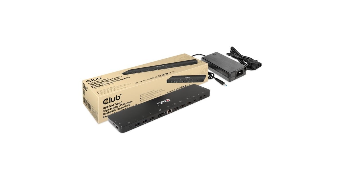 Club 3DUSB Gen1 Type-C Triple Display DP Alt mode + Displaylink Dynamic PD Charging Dock + 120 Watt PS dockingstation  (Zwart)