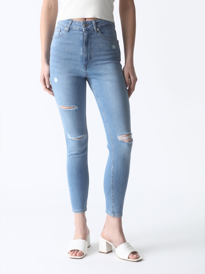 Calça jeans skinny de cintura alta - Turquesa