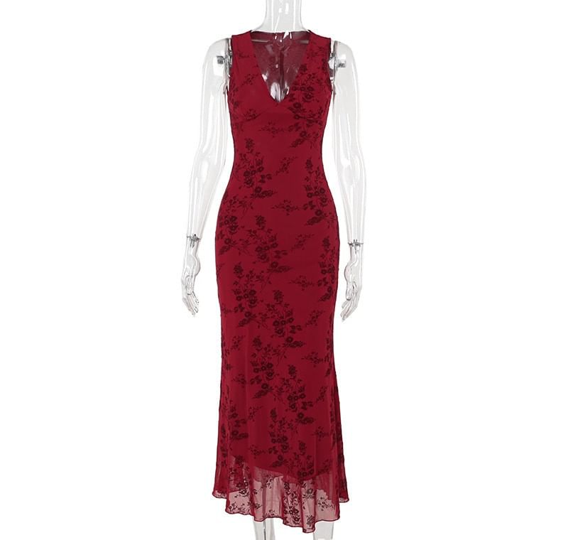 pitaluka - Mouwloze V-hals maxi-A-lijn jurk met bloemenprint en mesh