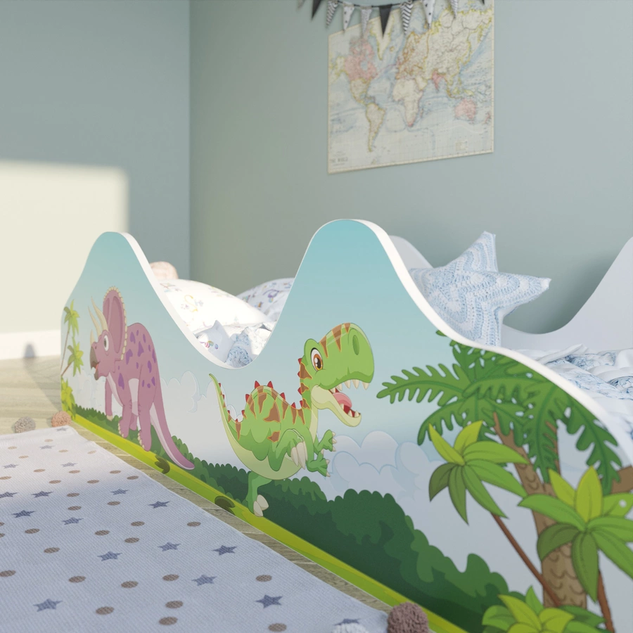 Kids Collective Kinderbett Jugendbett 80x160 mit Rausfallschutz | Kinder Spielbett mit Lattenrost Dino Motiv mit Matratze