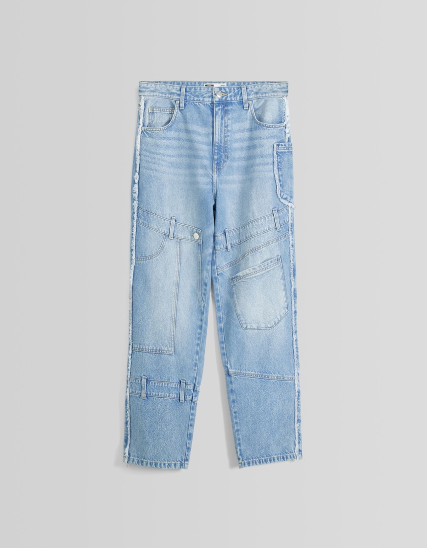 calça jeans larga com apliques