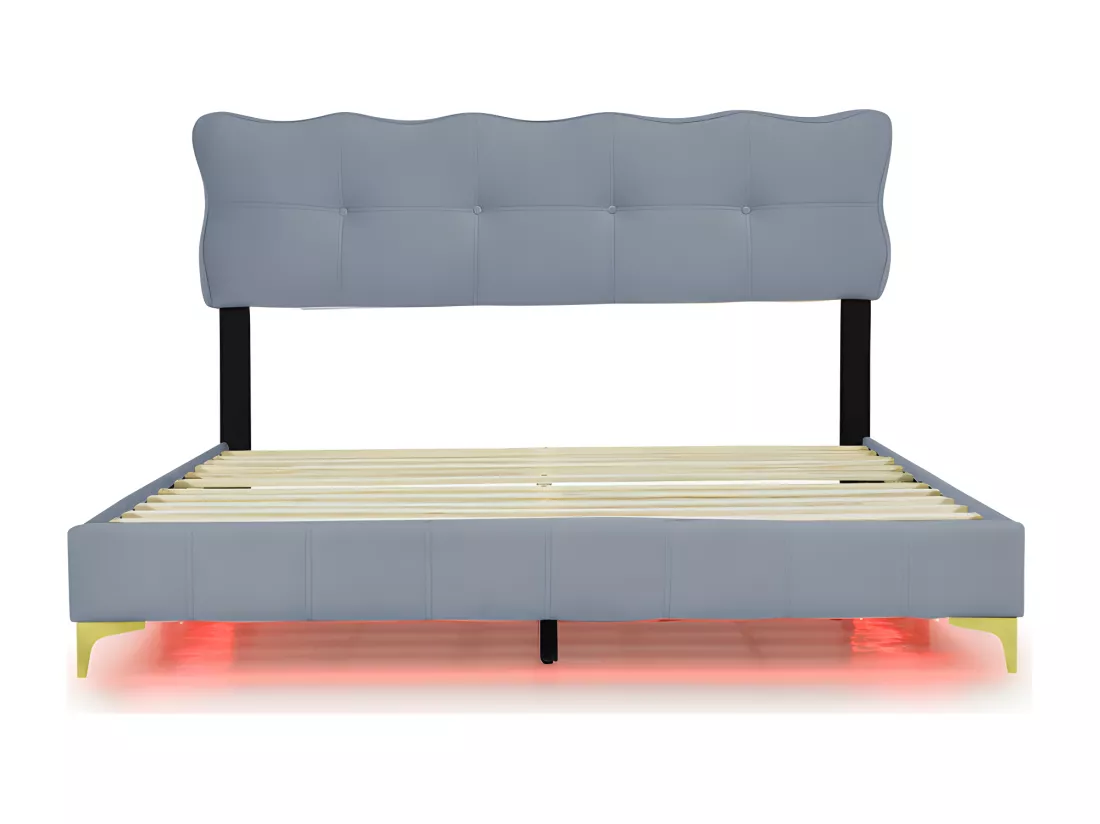 Lit 160x200cm en velours - avec éclairage LED et sommier à lattes - Gris