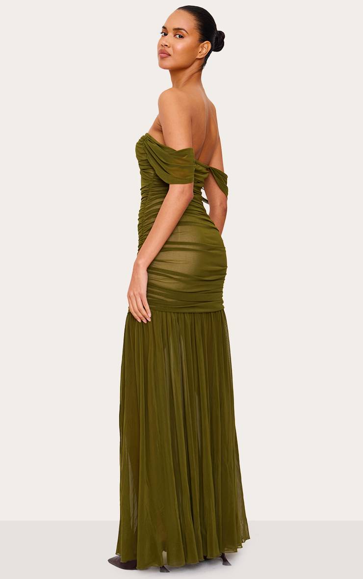 Vert Olive Robe Longue En Mesh À Épaules Dénudées Avec Détails Froncés