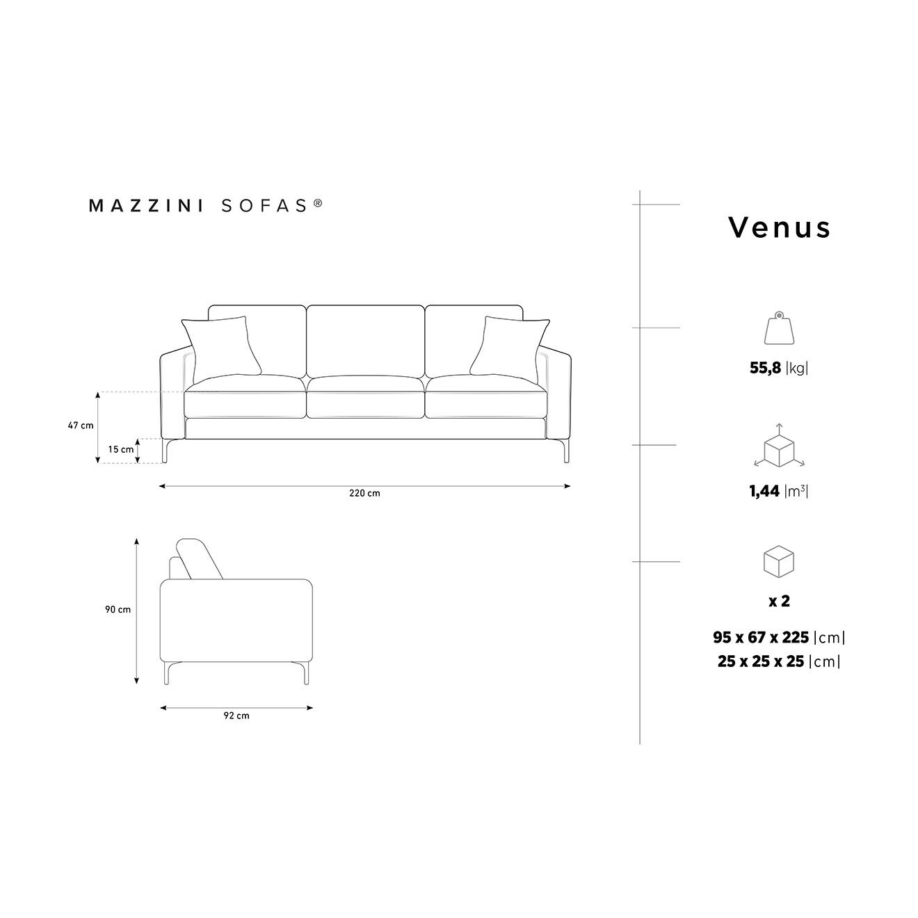 Mazzini Sofas Canapé Velours Venus 3 Places beige clair - 220x92x90 cm