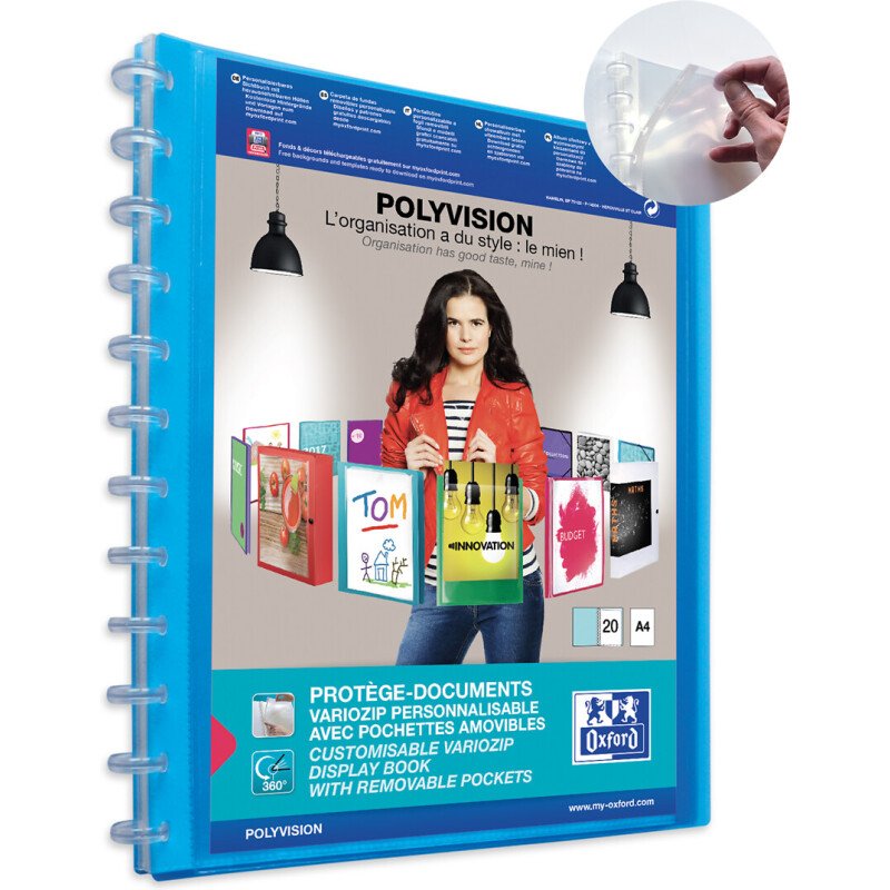 Protège-documents Oxford Variozip Polyvision A4 40 vues / 20 pochettes amovibles couverture polypro
