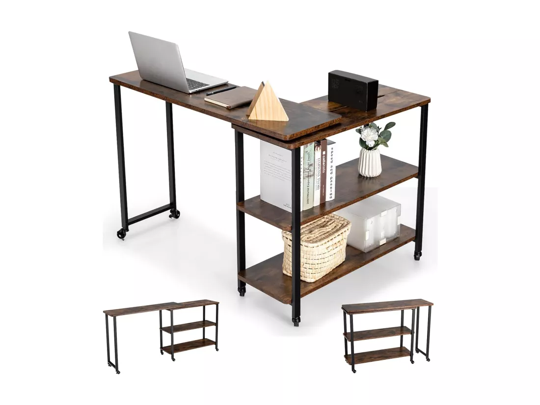 Table d’Appoint, Bureau d’Angle Mobile avec 3 Étagères, avec 6 Roues, Bout de Canapé Convertible pour Salon, Chambre, Montage Facile, Bureau avec Rangement, Marron Rustqiue,101 x 30 x 72,5 cm