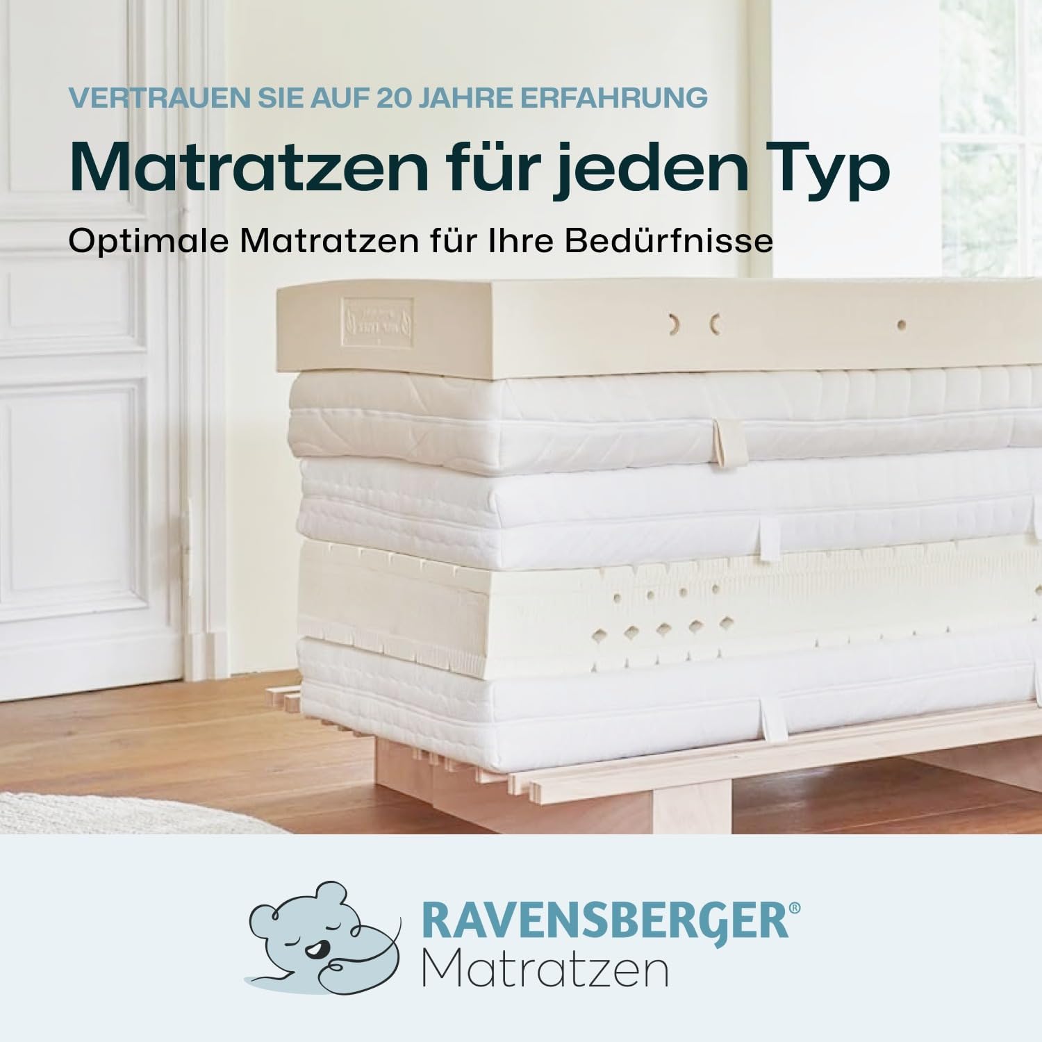 RAVENSBERGER Latexmatratze Ravo-Relax - Härtegrad H2, mittel - 120 x 200 cm, Höhe 19 cm - mit 7-Zonen LATEXCO-Stiftlatexkern - Matratze mit Baumwoll-Doppeltuch-Bezug
