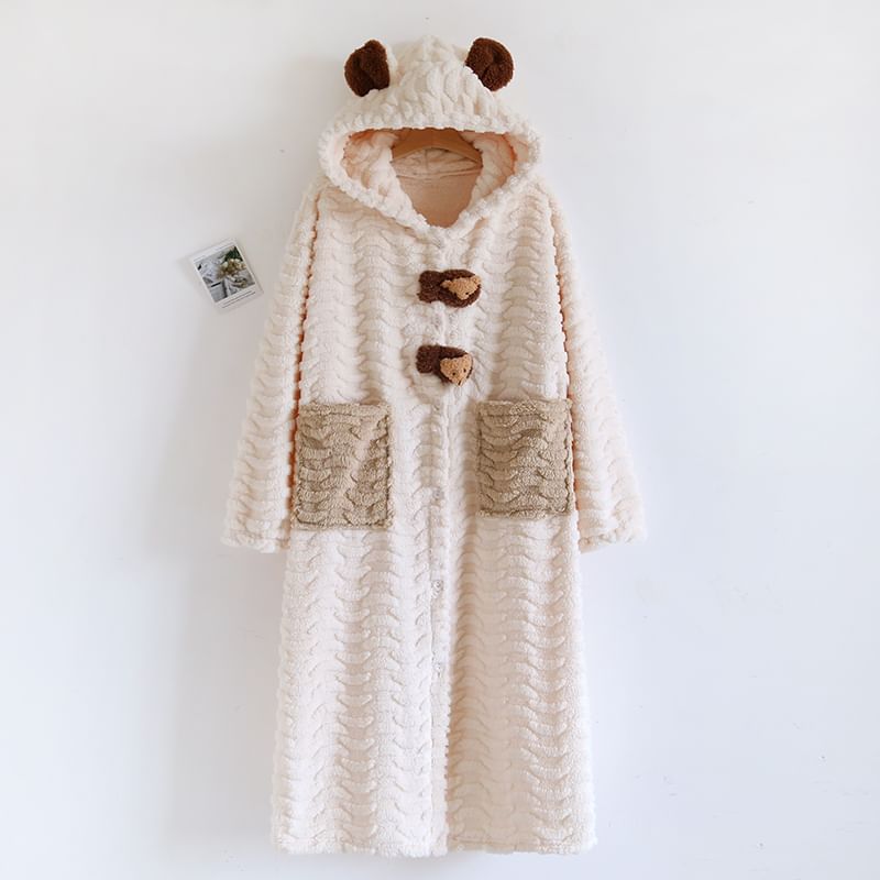 MelMount - Hooded Coral Fleece Bear Button Robe