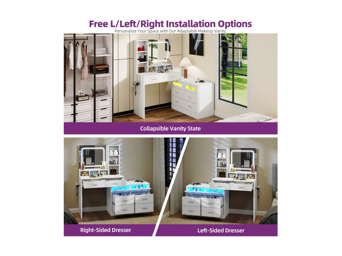 YITAHOME Coiffeuse avec Miroir et Éclairage - Commode Réversiblem avec 6 tiroirs - Luminosité Réglable - avec USB et prise RVB - Blanc