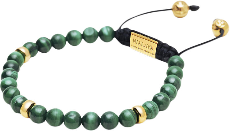 Nialaya Men's Beaded Bracelet with Malachite and Gold Plating Green