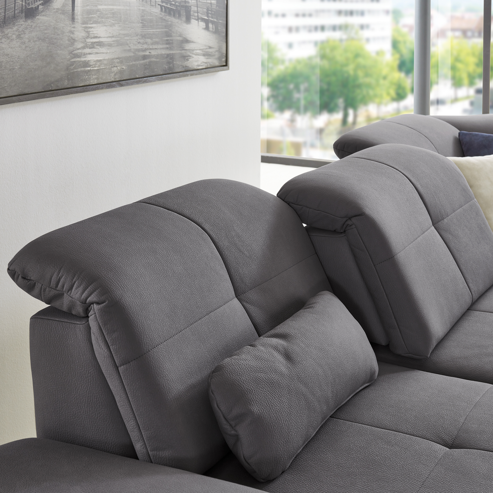 polsterpower Ecksofa - grau - Basismodell - Anstellhocker rechts