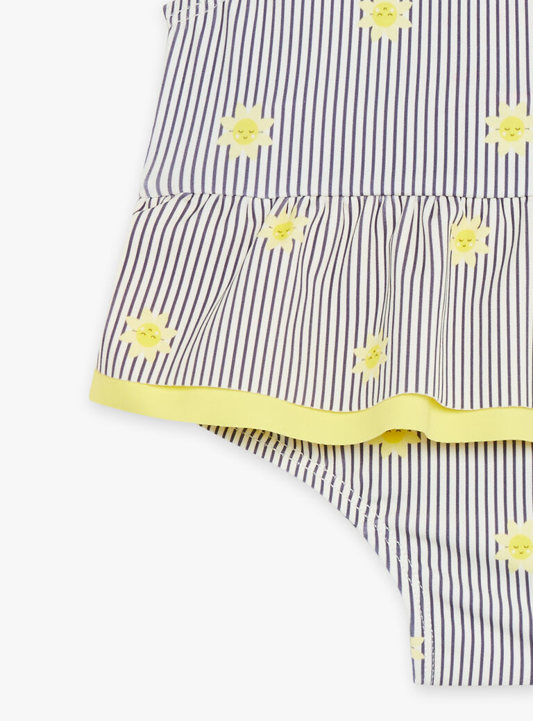 Maillot de bain 1 pièce bleu marine et jaune à imprimé à rayures et soleils