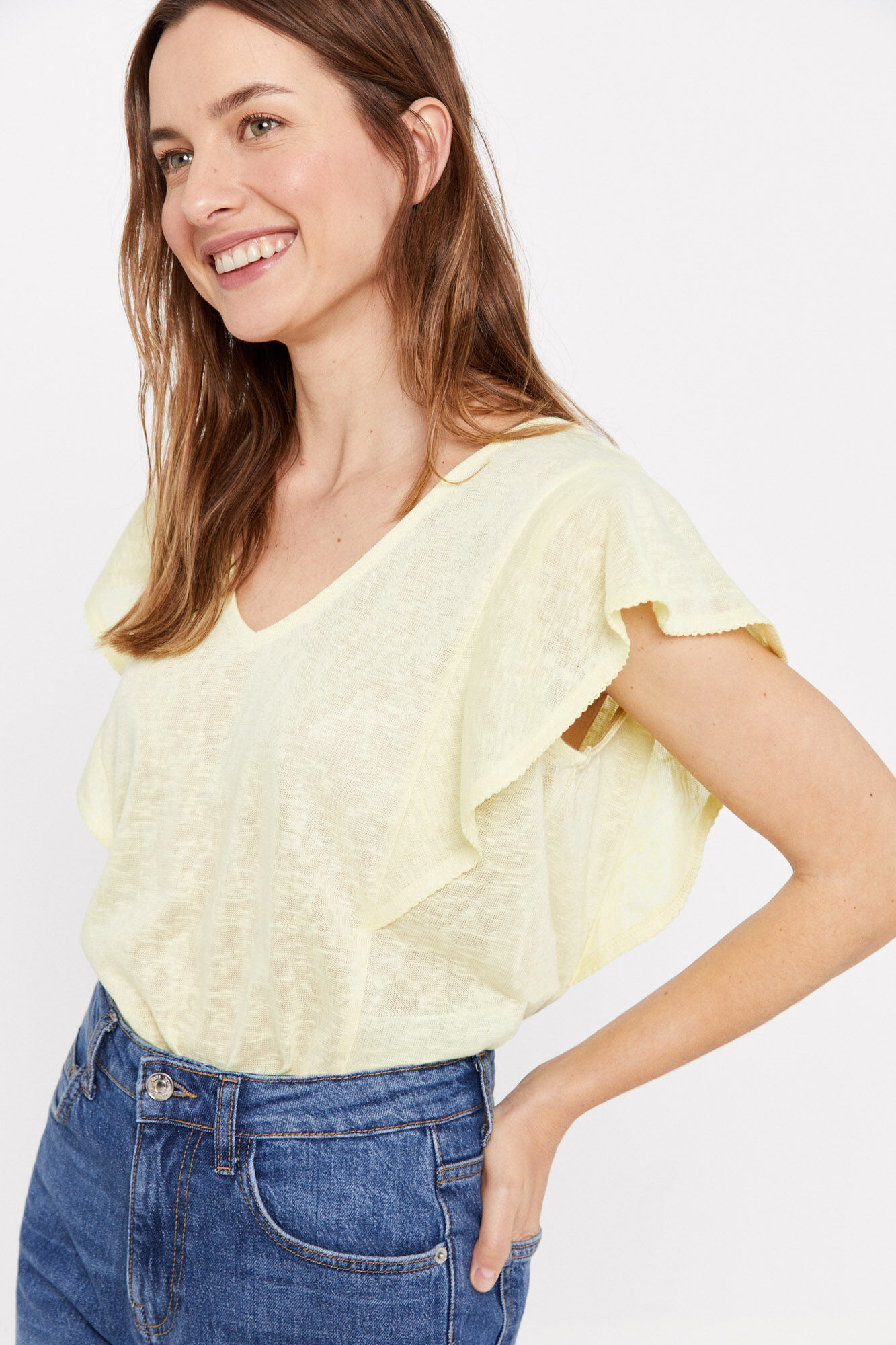 Camiseta com babados e efeito linho - Amarela