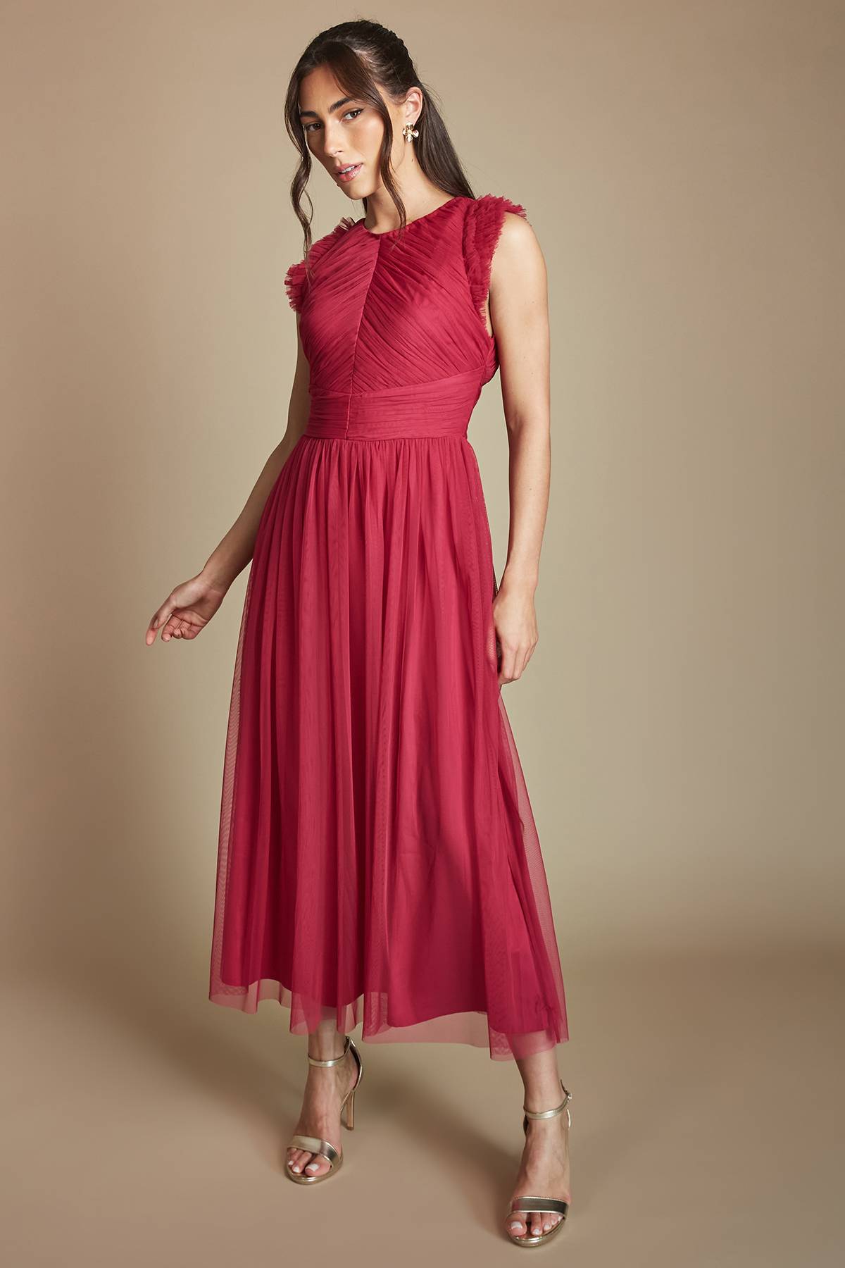 Oasis Robe De Demoiselle D'honneur Mi-longue En Tulle À Volants Et Corsage Plissé