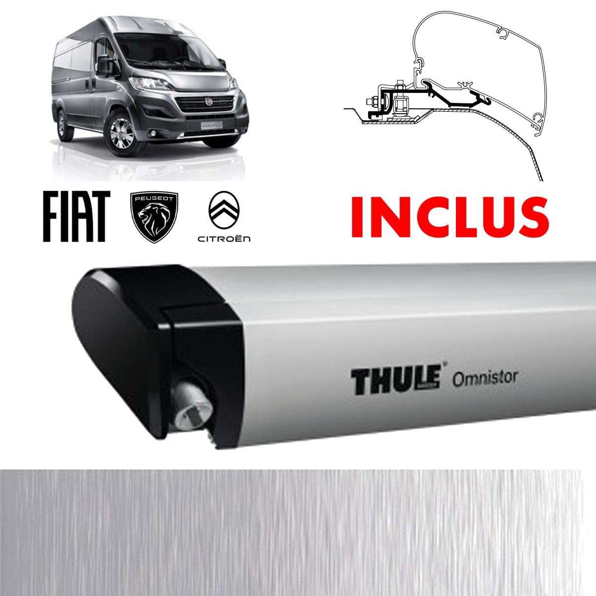 Store Thule 6300 Anodisé embouts noirs + adaptateurs Ducato H2