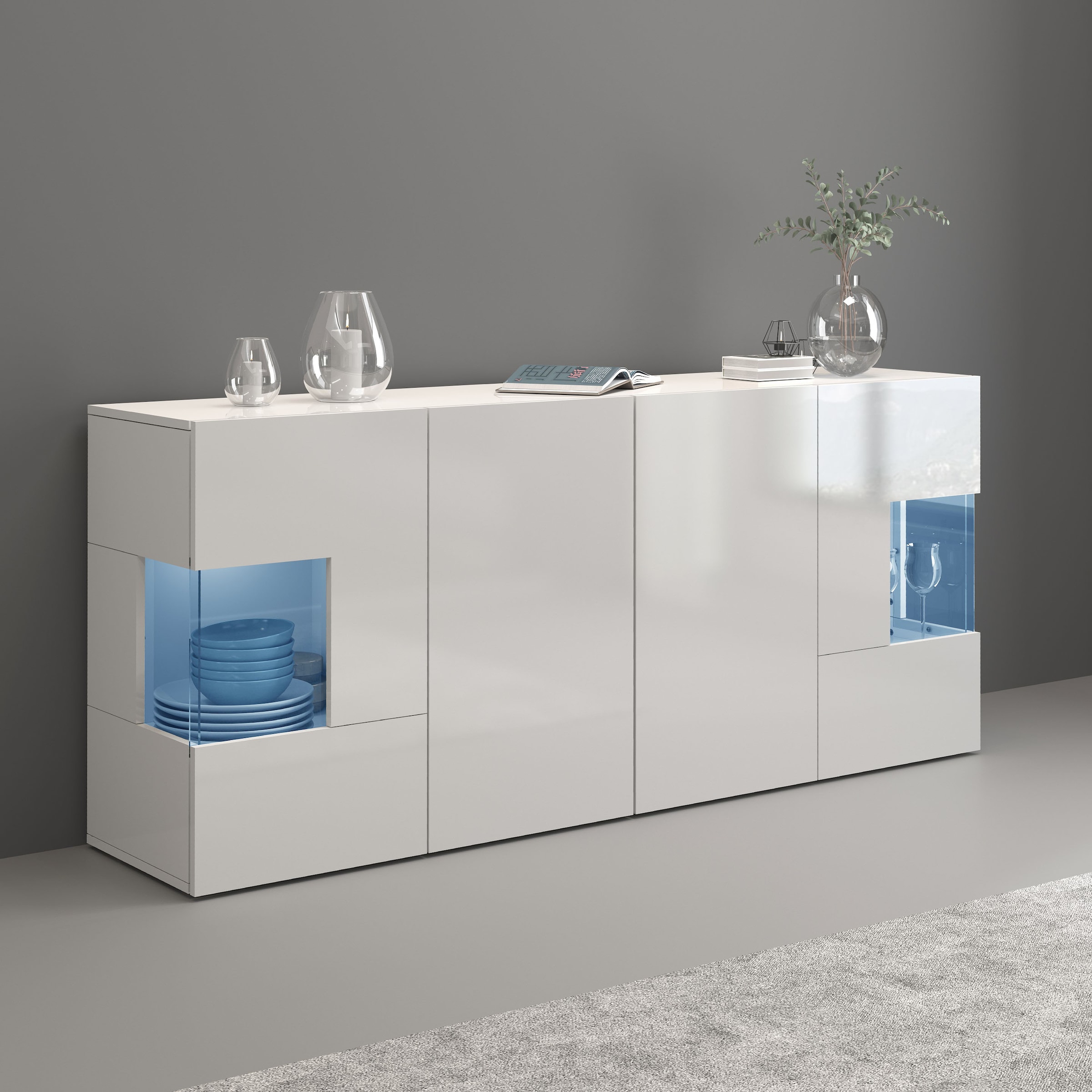 INOSIGN Sideboard »Egypt, Kommode, Schrank, Kredenz, Vitrine grifflos« 4 Türen davon 2 mit Glaseinsatz, kompl. Hochglanz lackiert, Breite 180