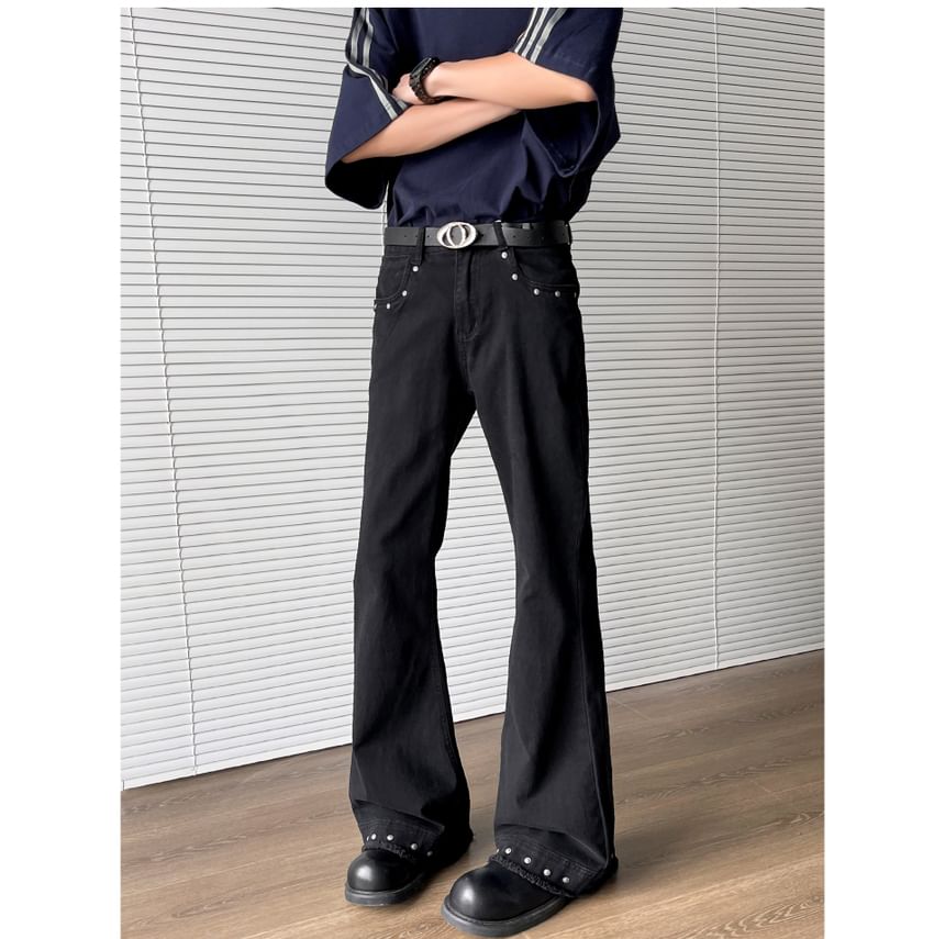 Filmas - Mid Rise Washed Frayed Studded Flared Jeans