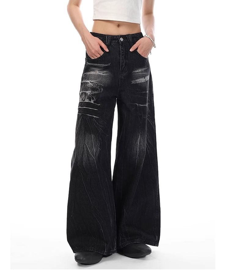 rinkoplan - Low Waist Washed Wide Leg Jeans
