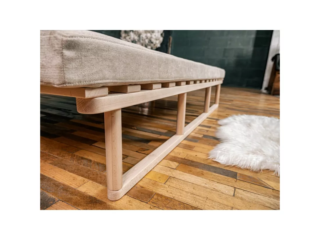 Canapé Lit Convertible Design en Tissu Beige et Bois Beige