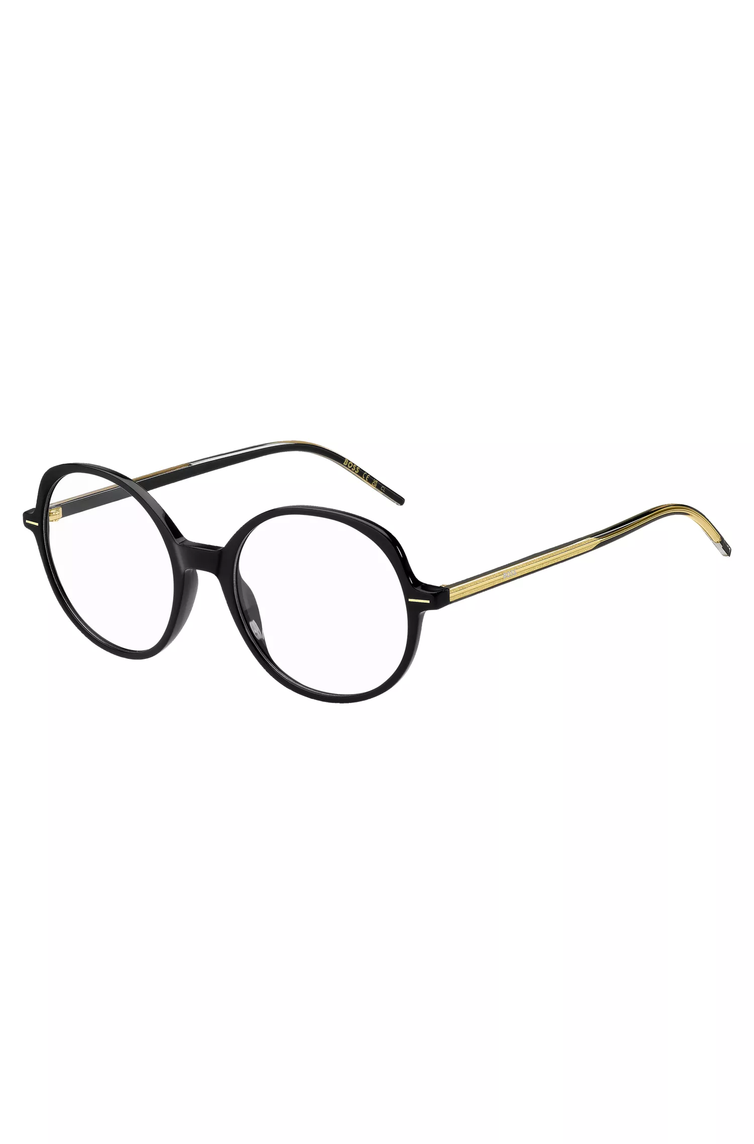 Armação BOSS Black-Optical em acetato preto com detalhes dourados.