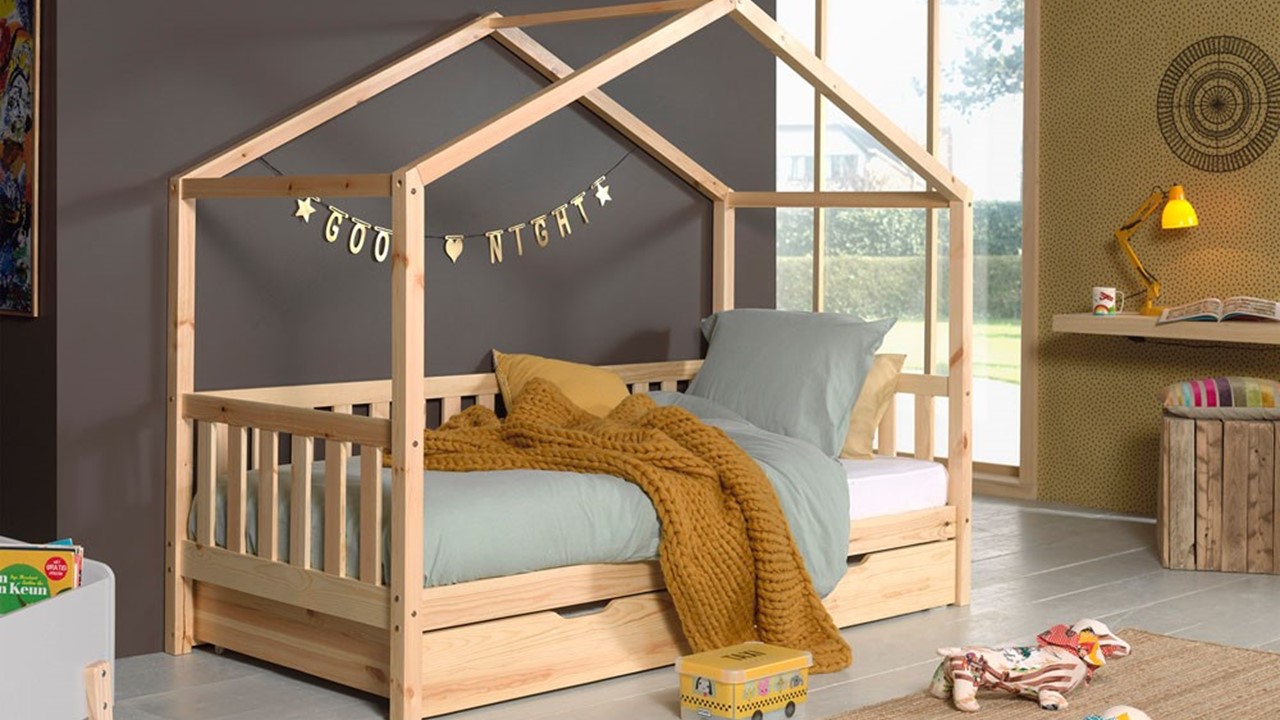 Bedbank Dallas als huis met slaaplade naturel